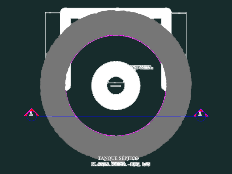 CAD technical drawing showing plan and section views of a circular concrete septic tank with reinforcement details.