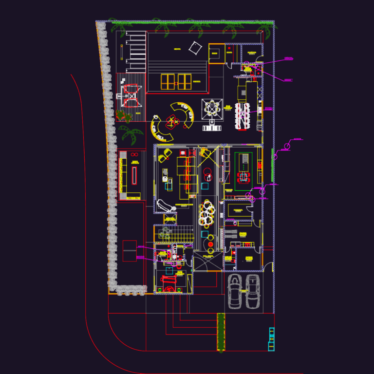 Detailed floor plan of a luxury house featuring a pool, gourmet area, and full furniture layout.