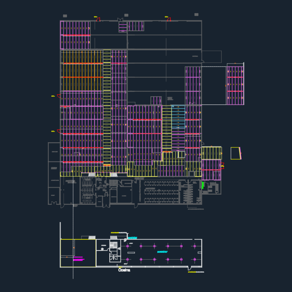 Technical floor plan of an industrial food processing facility with labeled cold rooms and machinery.