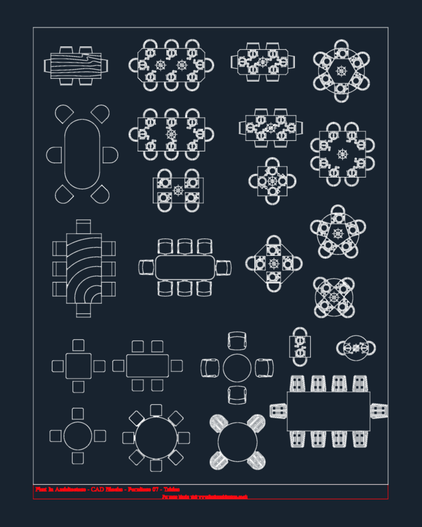 Plan view CAD drawings of various dining tables and chairs in different shapes and seating configurations.
