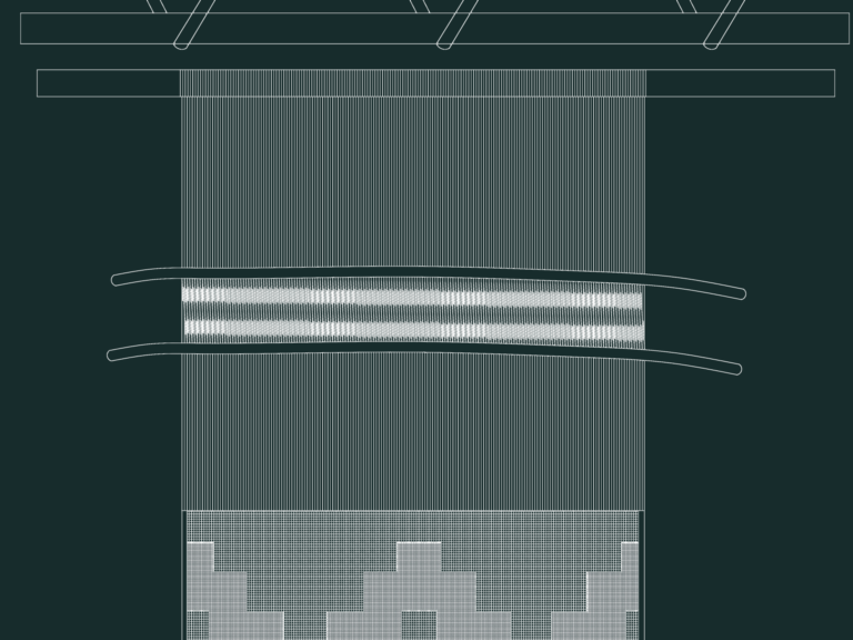 Front elevation of a vertical weaving loom and plan/elevation views of a traditional spinning wheel.
