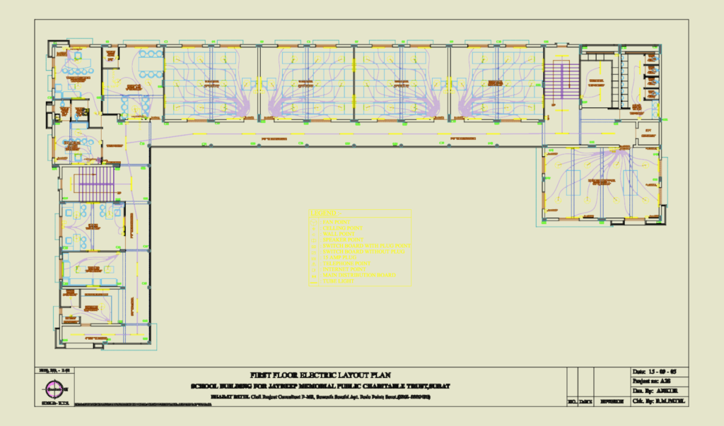 Electrical layout plan for a school building showing ground, first, and second floor wiring diagrams and legend.