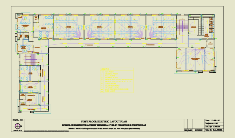 Electrical layout plan for a school building showing ground, first, and second floor wiring diagrams and legend.