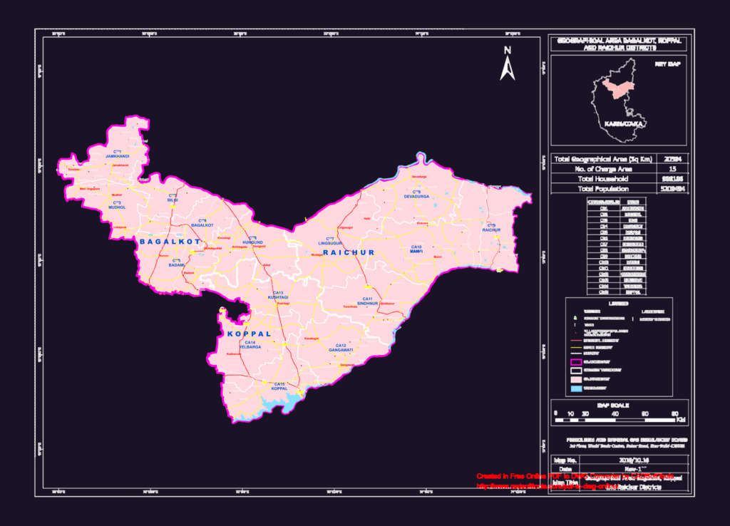 Geographic map of Bagalkot, Koppal, and Raichur districts in Karnataka showing charge areas and boundaries.
