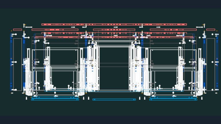 Wireframe 3D CAD drawing of drawer runner hardware assemblies with exploded views and connectors.
