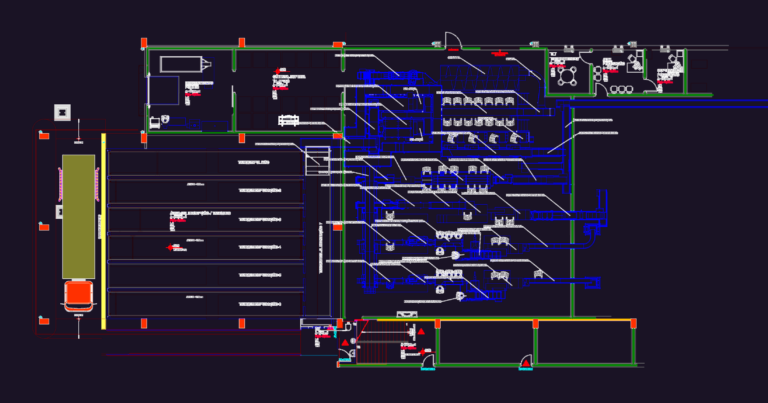Industrial CAD layout of a fish processing facility with conveyor belts and processing tanks.
