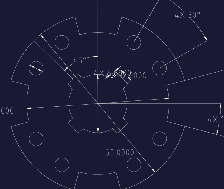 2D CAD drawing of a circular mechanical flange with 8 bolt holes and notched edges.