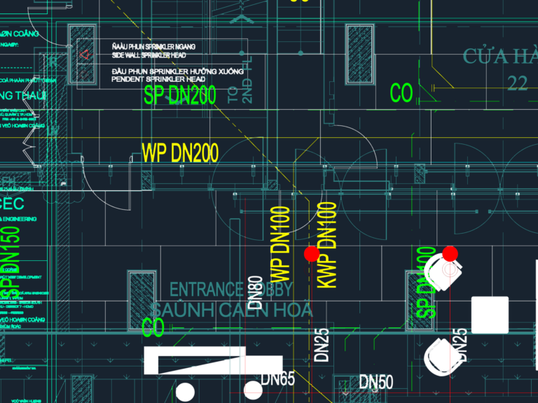CAD plan showing electrical sockets, lighting layout, and fire protection system for a retail unit.