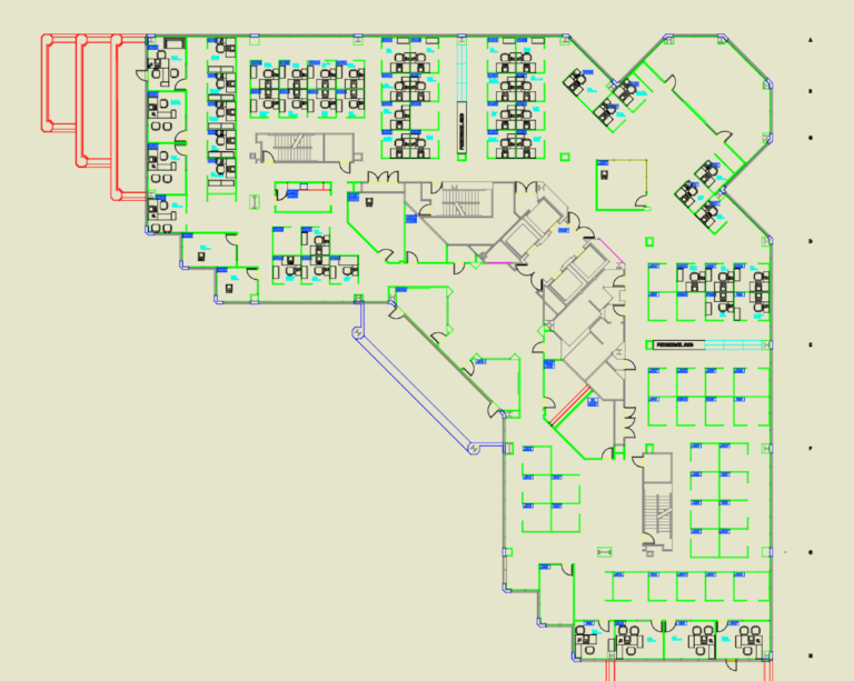 Architectural 2D plan of a large office floor featuring cubicles, desks, and private offices.