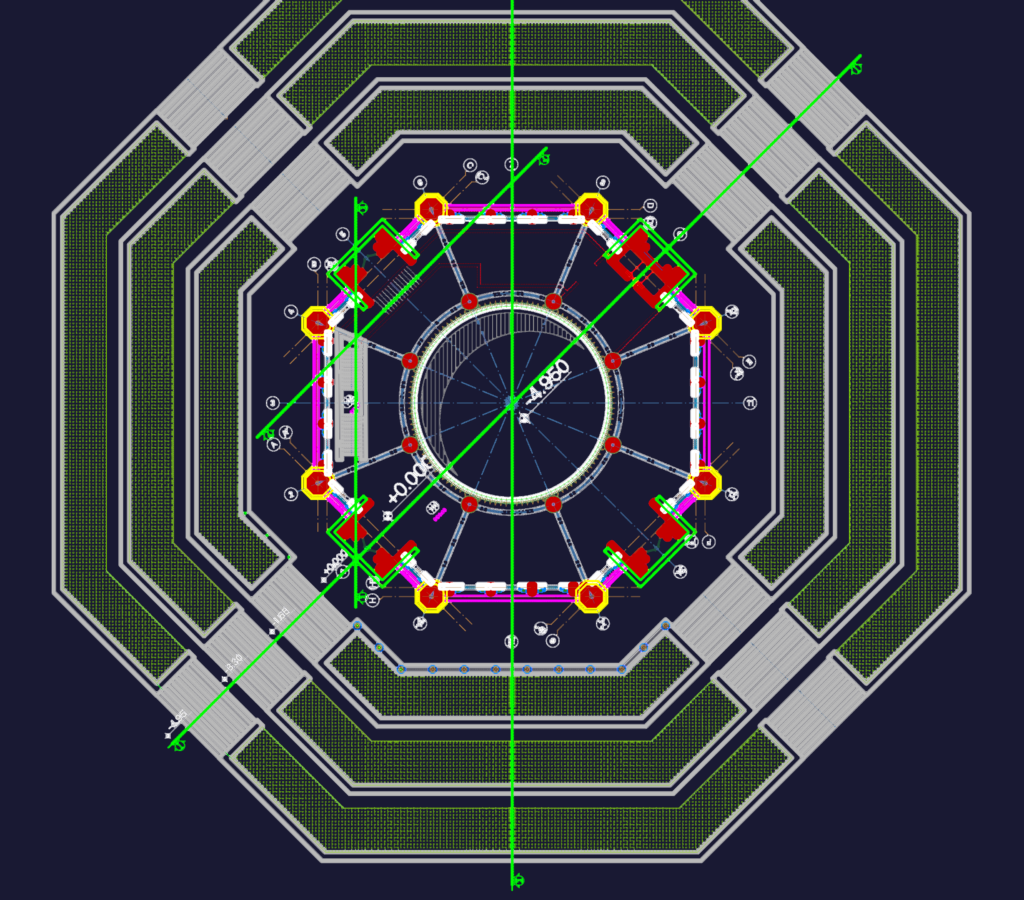 Octagonal building architectural set showing multiple floor plans, vertical sections, and exterior elevations.