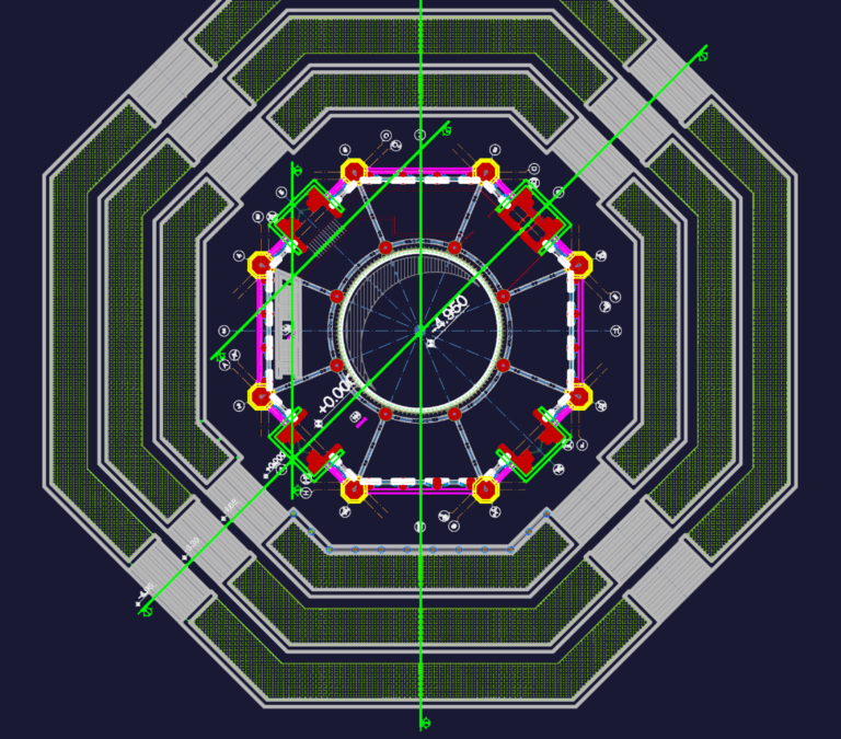 Octagonal building architectural set showing multiple floor plans, vertical sections, and exterior elevations.