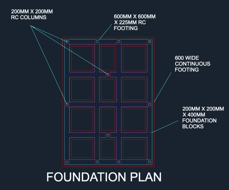 Foundation plan with RC columns and continuous footing