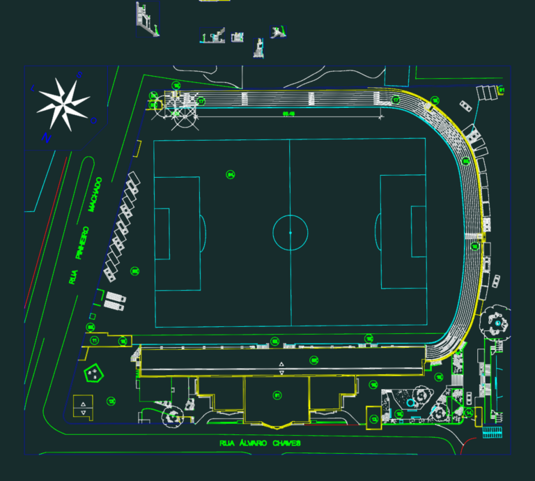 Architectural site plan of a football stadium with grandstands, pitch, and detailed sections of access tunnels.