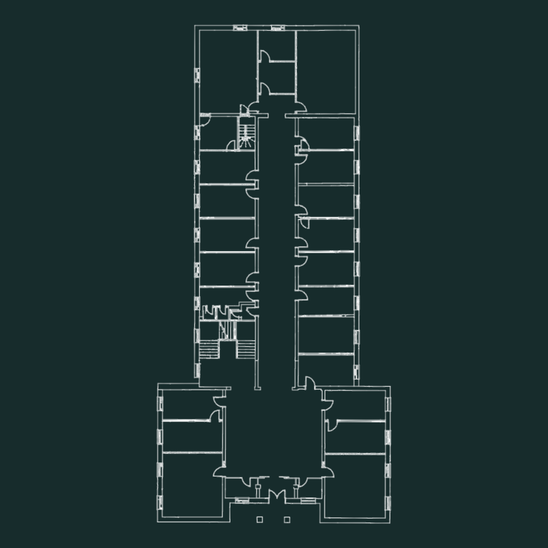 CAD plan of a courthouse ground floor with a long central corridor and office rooms on both sides.