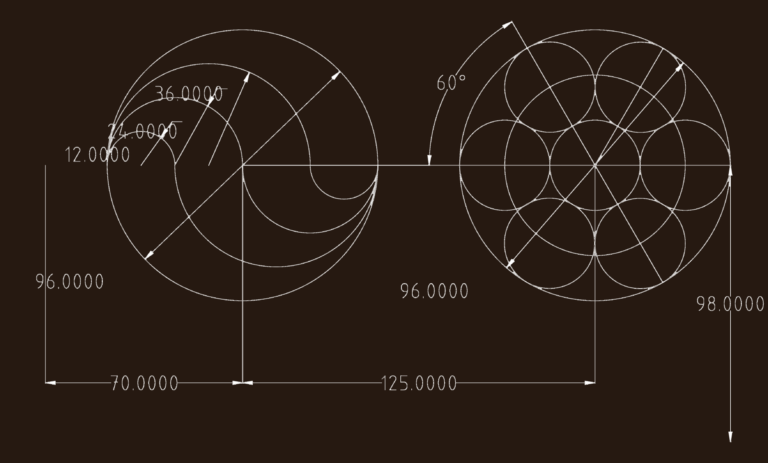 CAD drawing showing a circular bolt pattern with 8 holes and a spiral arc construction with dimensions.