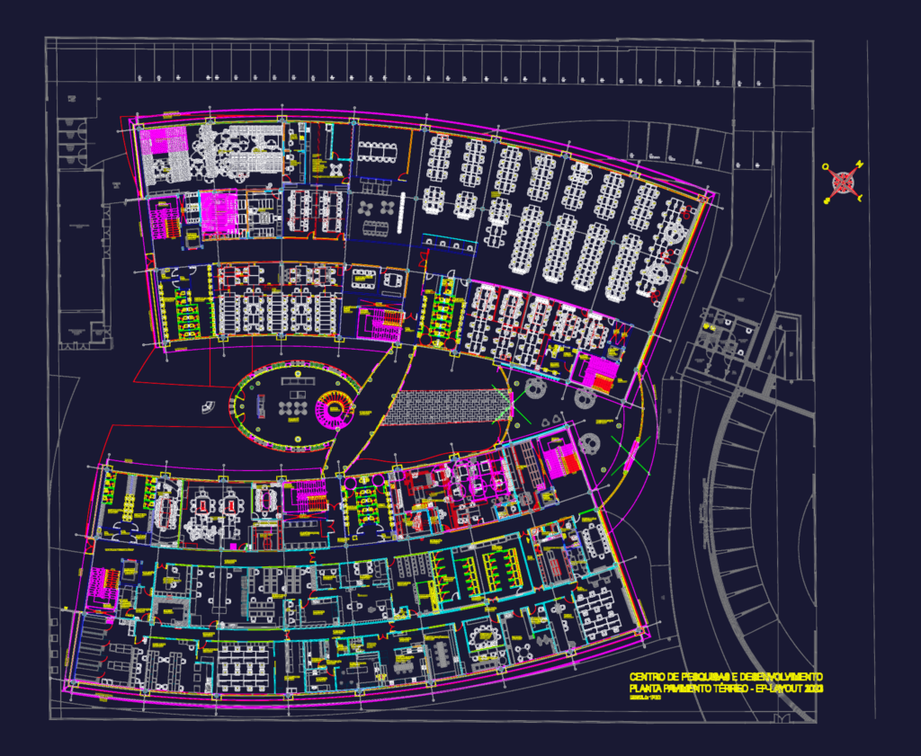 Detailed floor plan layout of a research and development facility showing office desks and laboratory equipment.