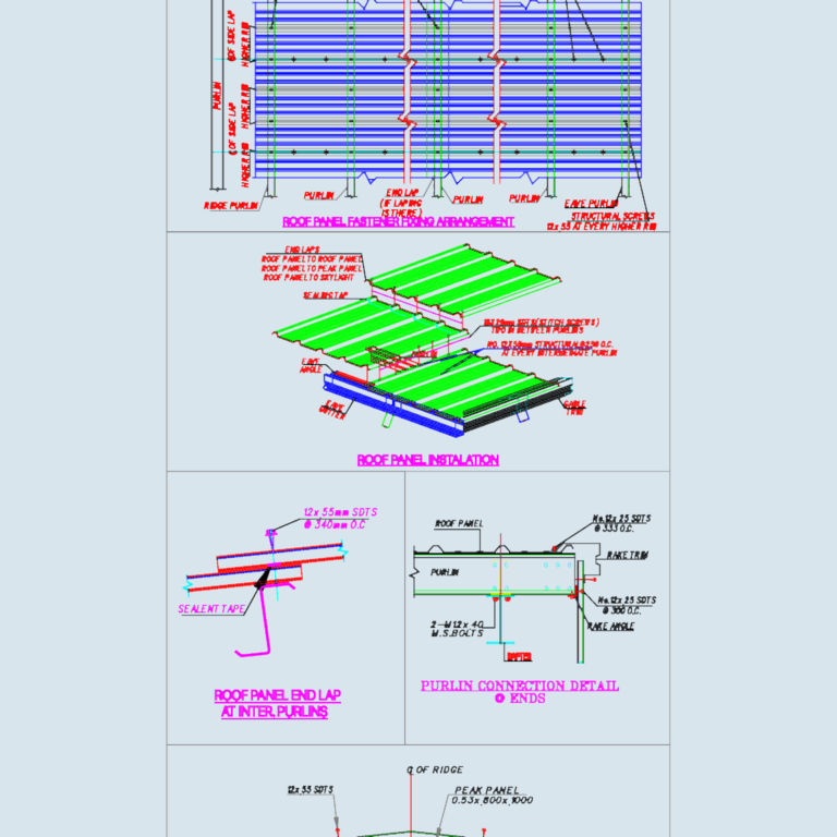 Technical CAD drawings showing PEB steel portal frame elevations and roof sheeting installation details.