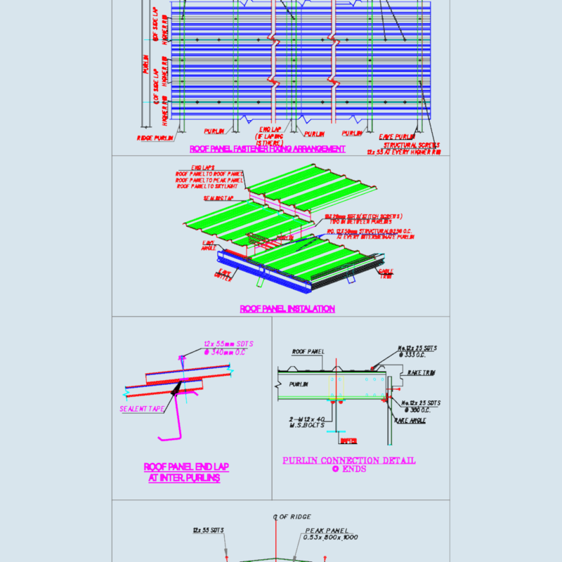 Steel portal frame elevations and sheeting layout