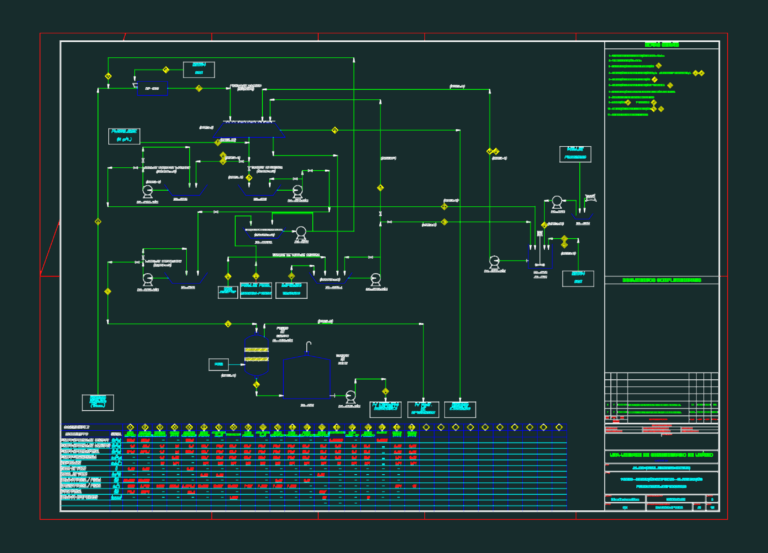 Process flow diagram of a uranium leaching and clarification plant with tanks, pumps, and mass balance table.