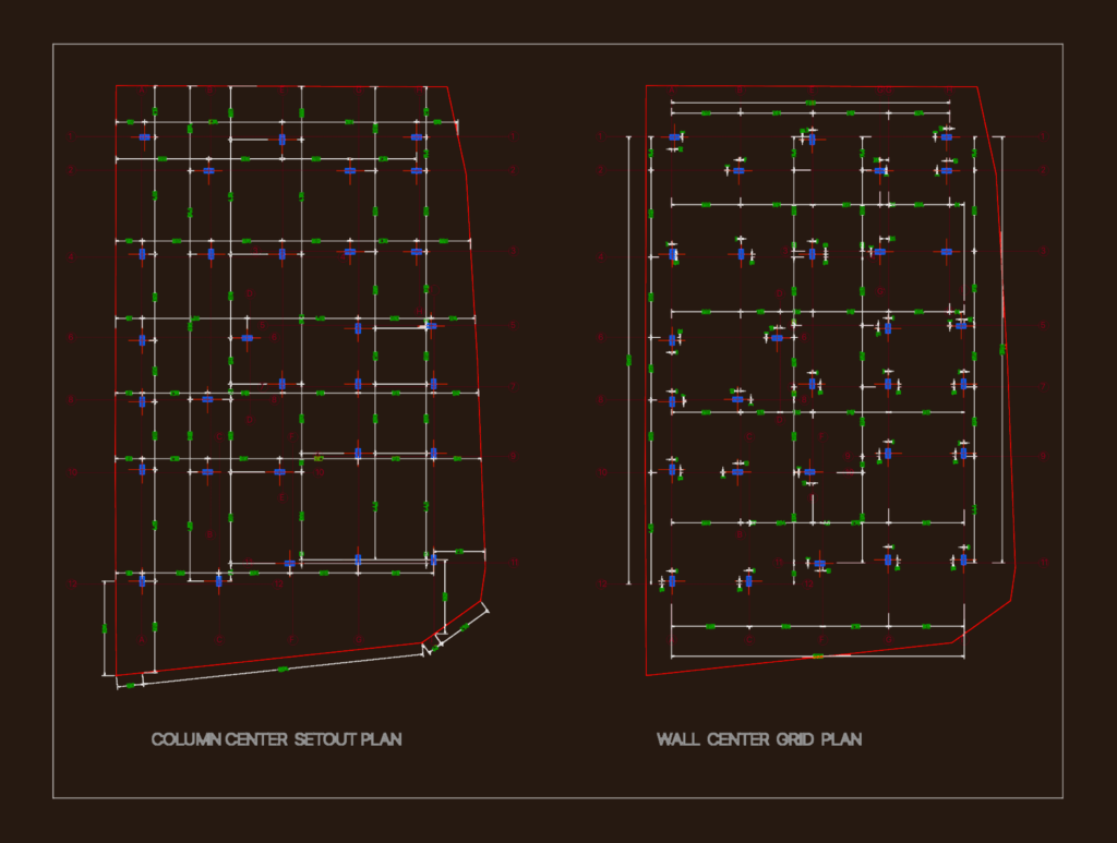 Technical column center setout plan and wall center grid plan with structural layout dimensions.