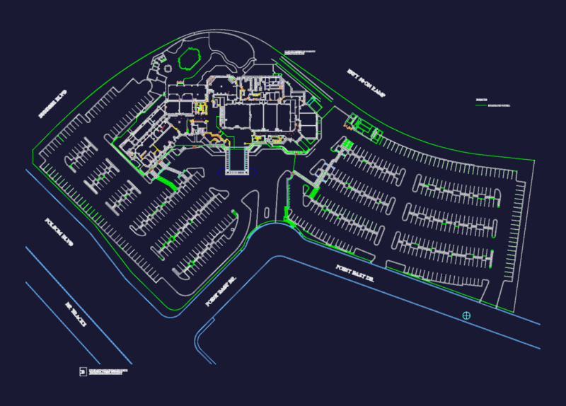 Commercial building site plan with parking and highway access