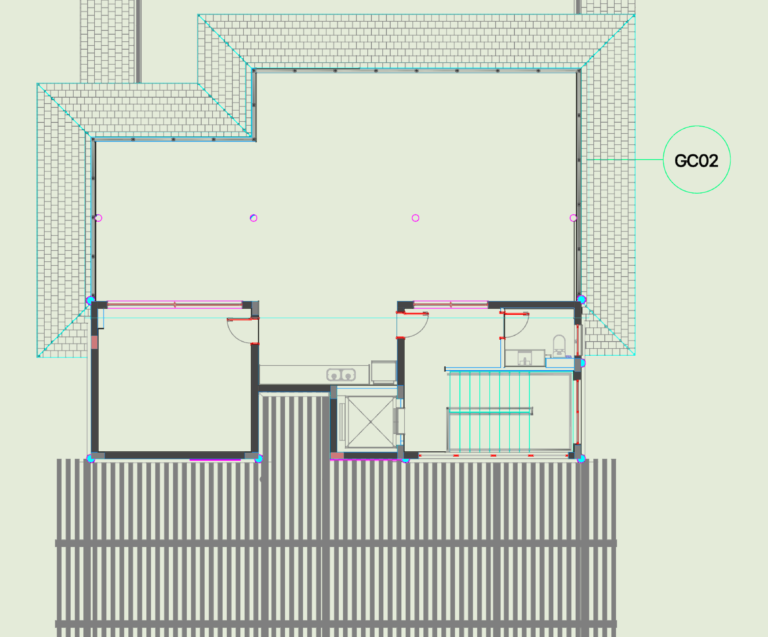 Architectural drawing showing plans, elevations, and 3D view of a wooden guardrail for a rooftop deck.
