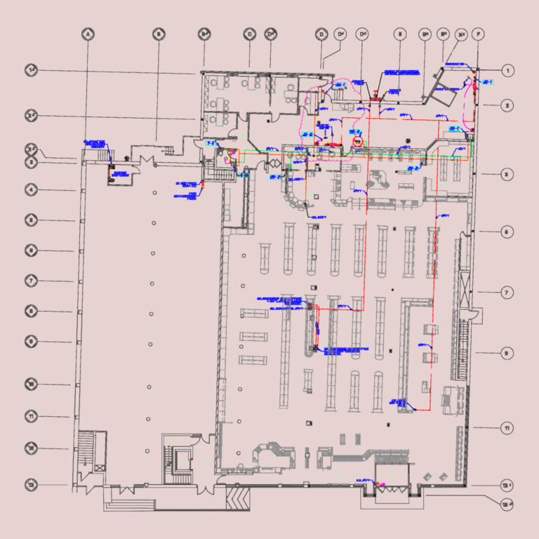 CAD floor plan showing plumbing and gas line layouts for a commercial retail space with French technical notes.