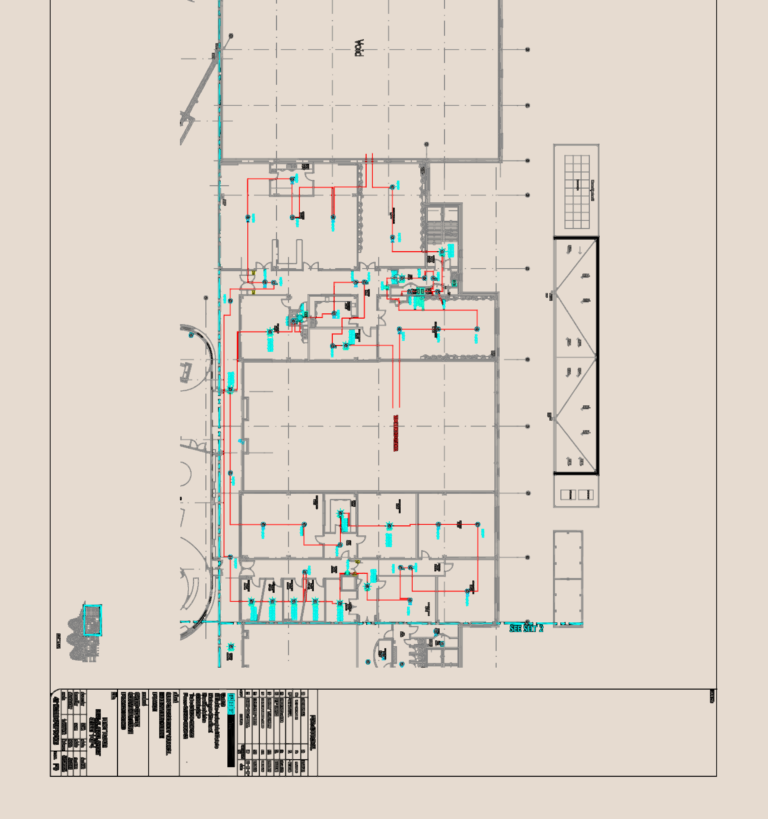 First floor fire alarm system layout drawing showing sensor locations and wiring routes on a building floor plan.