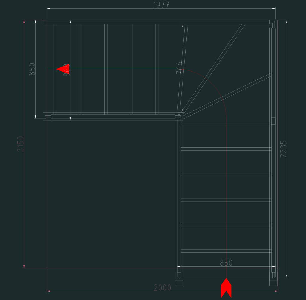 L-shaped winder staircase plan view with dimensions and red direction arrow.