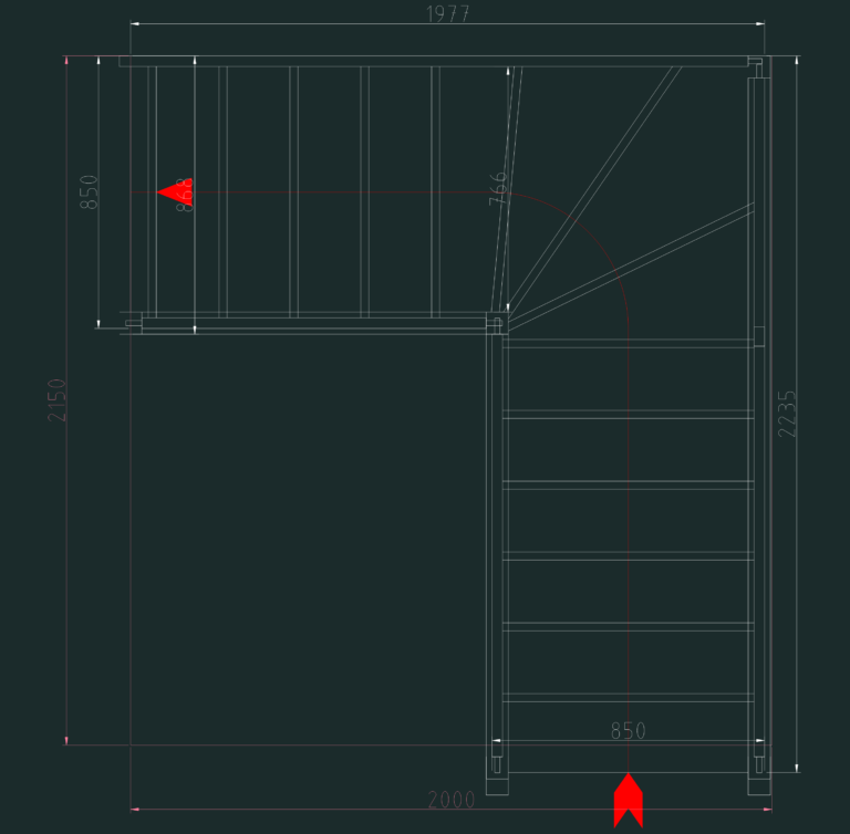 L-shaped winder staircase plan view with dimensions and red direction arrow.