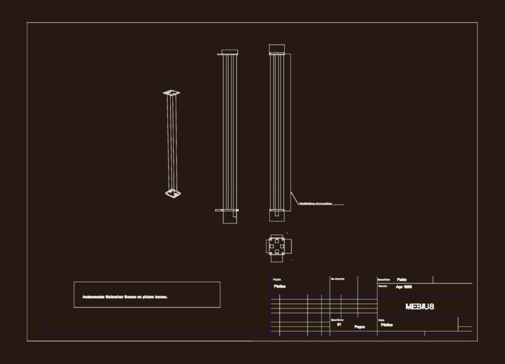 Technical CAD drawing showing isometric and elevation views of a steel portico structure with square tubing.
