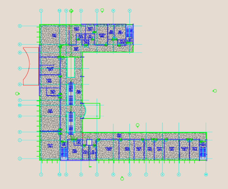 L-shaped architectural floor plan of a school wing featuring computer labs, classrooms, and a library with grid lines.