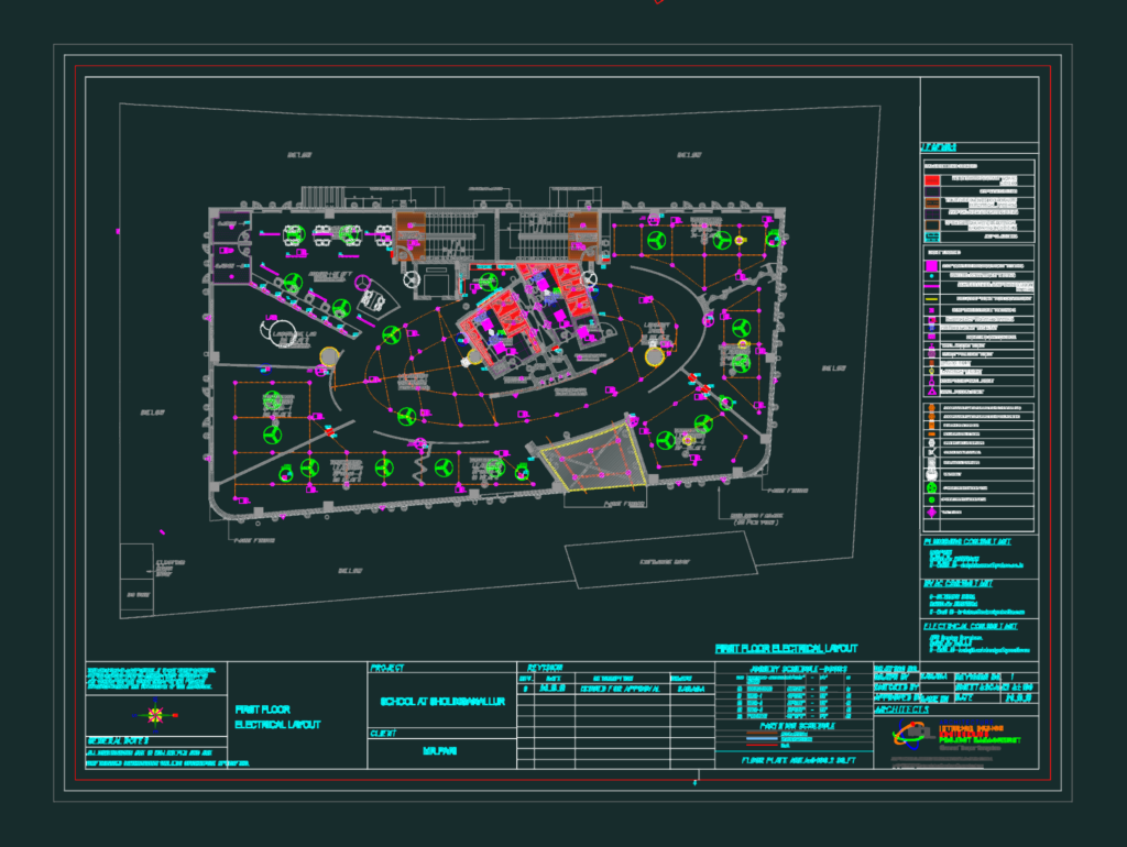 Electrical layout for a school building featuring lighting legends, fire alarm symbols, and three floor plans.