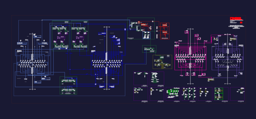 Detailed electrical one-line diagram for a microgrid system featuring AC and DC distribution buses and transformers.