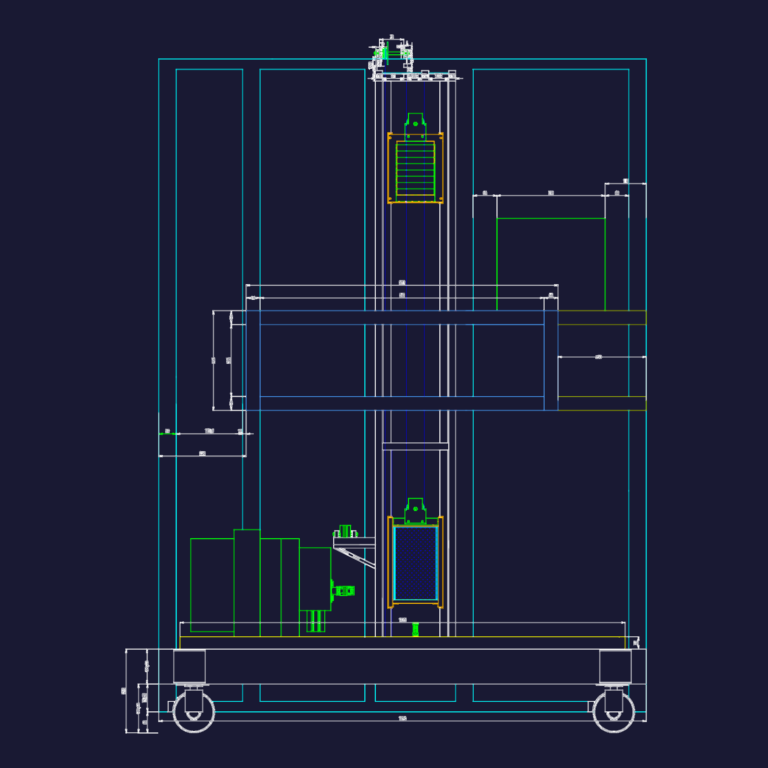 Technical CAD drawing of elevator cabin and counterweight assembly views with dimensions and mechanical parts.