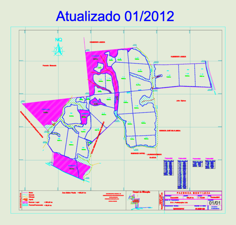 CAD map of Fazenda Gentileza showing land parcels, hydrography, and reserve areas in Corinto, Brazil.