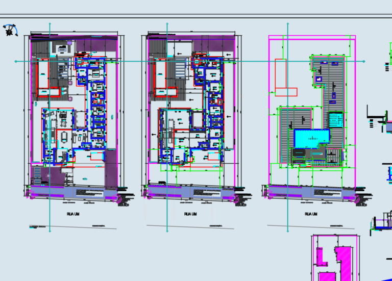 Architectural drawings for a modern house including floor plans, sections, and four exterior elevations.