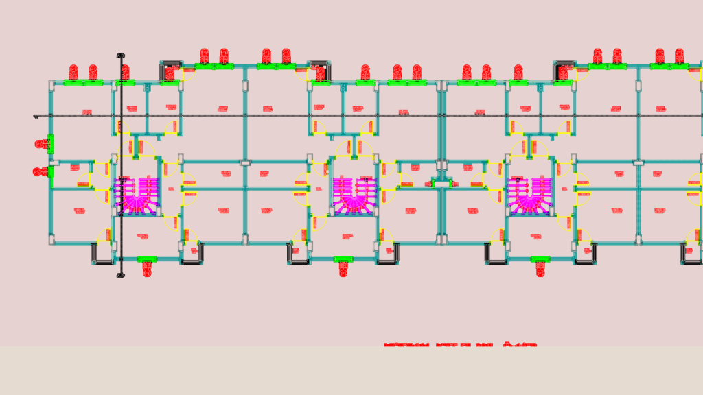 Architectural floor plan and four elevations of a multi-story faculty housing building at 1/50 scale.
