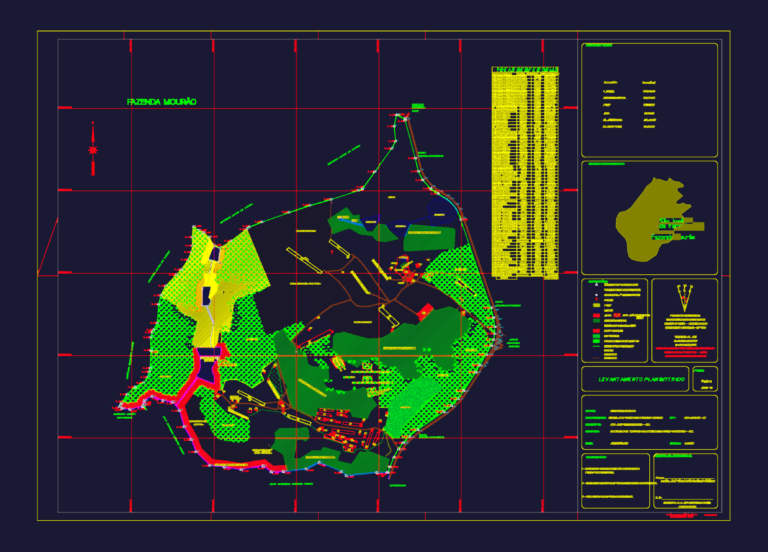 Planimetric survey drawing of a large farm in Brazil showing land use zones and building dimensions.