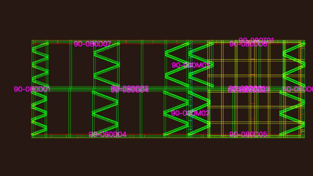 3D wireframe layout of a rectangular modular building frame with various structural component labels.