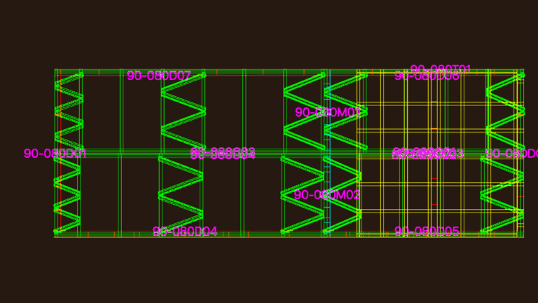 3D wireframe layout of a rectangular modular building frame with various structural component labels.