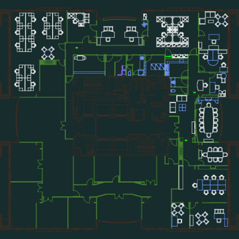 2D CAD floor plan of a commercial office space showing desk arrangements and meeting rooms.