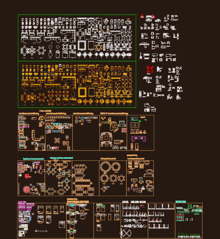 Collection of 2D architectural furniture and equipment blocks for AutoCAD including beds, chairs, and office gear.