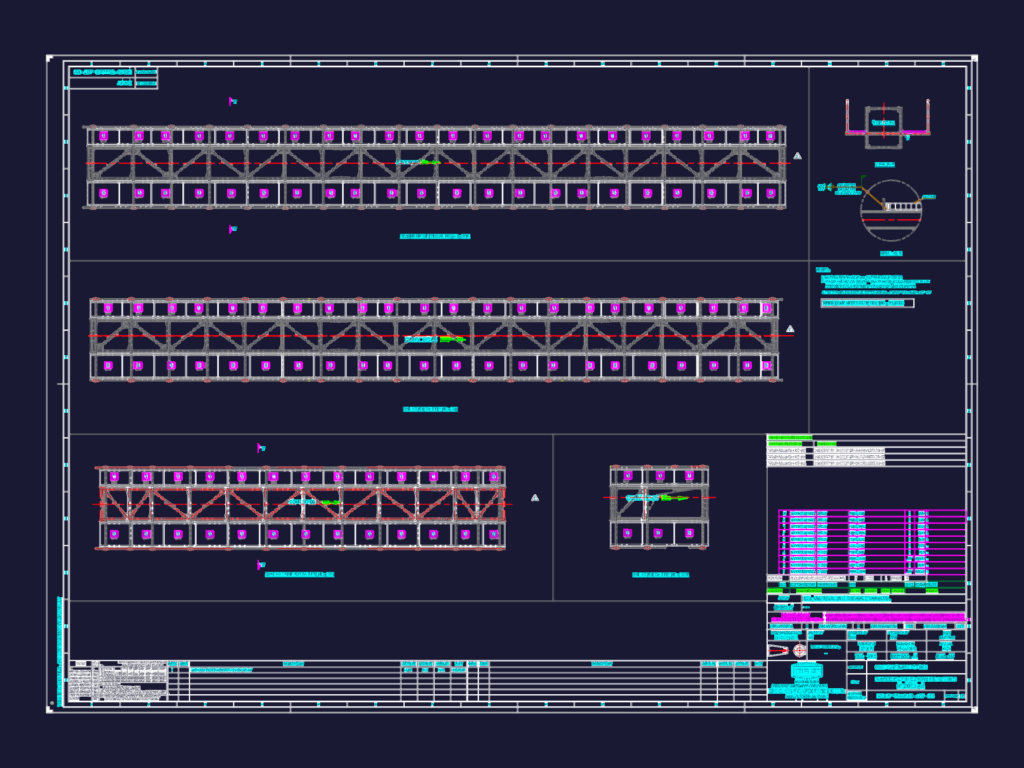 Marking plan for gratings and railings of a conveyor gallery showing layout, sections, and bill of materials.
