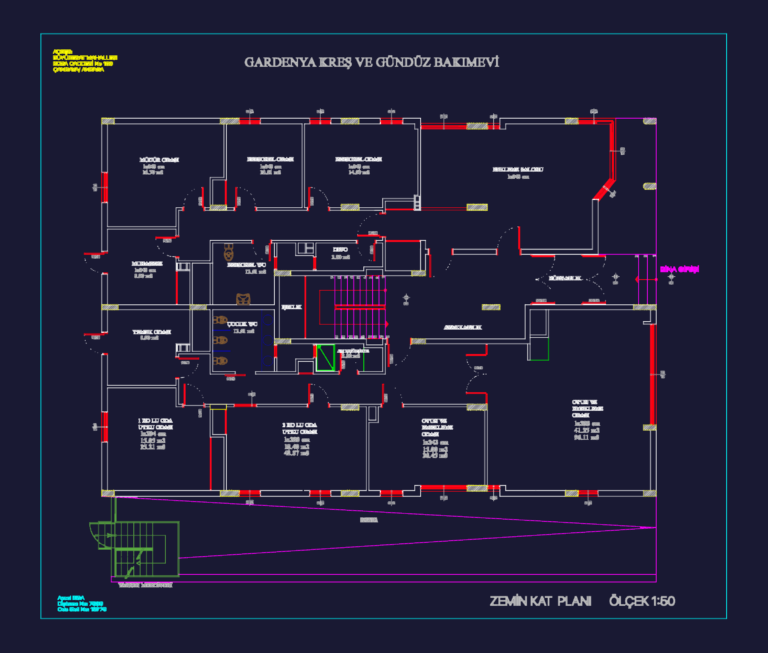 Architectural floor plan of a kindergarten building showing playrooms, offices, and stairwells.