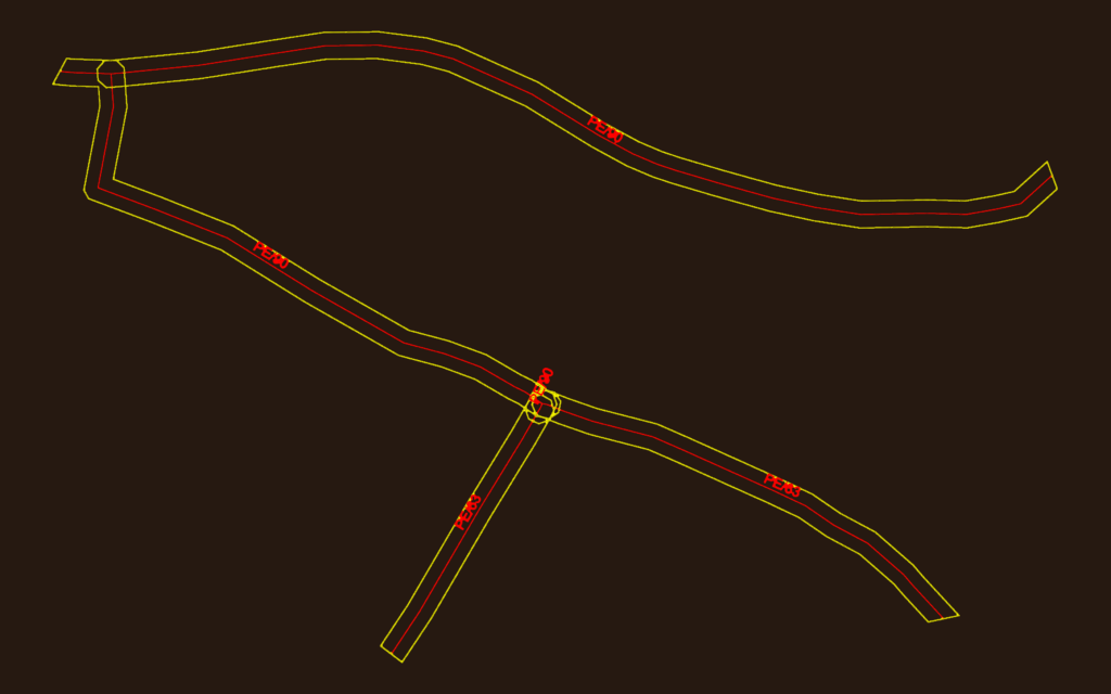 CAD plan view showing gas pipeline routing with PE/90 and PE/63 labels in red on a dark background.