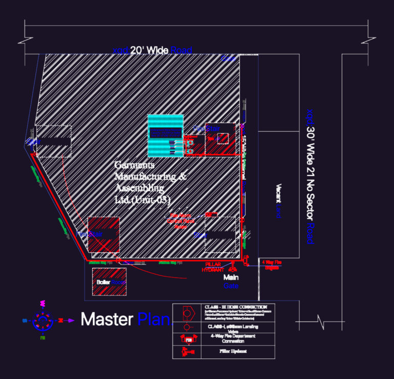 Detailed fire safety floor plan for a garment factory including sensor legends and equipment locations.