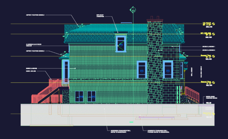 Detailed CAD north elevation of a residential house with stone and brick cladding and roof height labels.