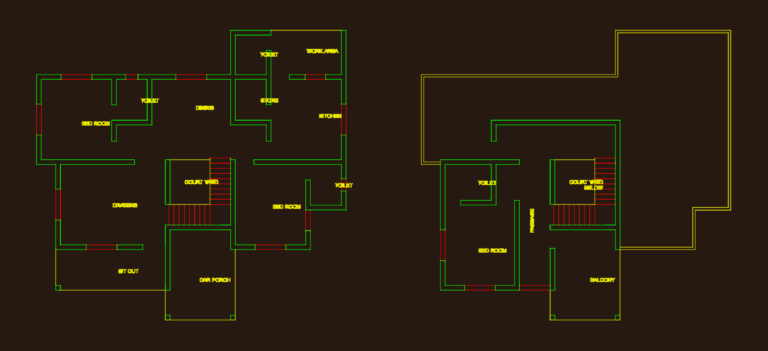 Architectural floor plans for a small house featuring a courtyard and car porch.