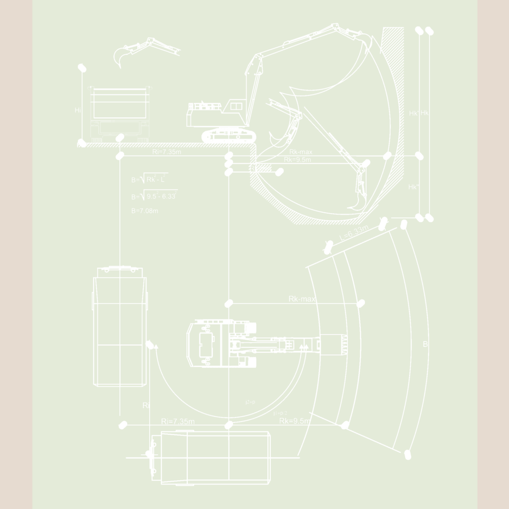 Technical drawing of an excavator showing digging depth, radius, and truck loading dimensions in plan and elevation.